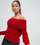 Boohoo Petite Bardot Knitted Sweater In Red - Red