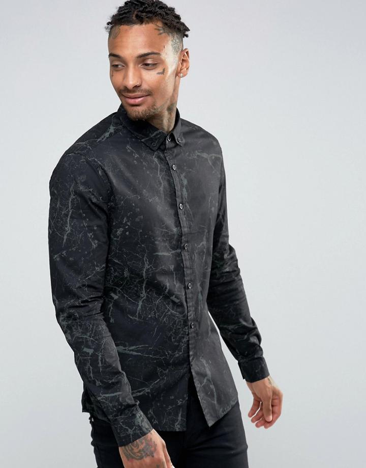 Asos Marble Print Skinny Fit Shirt - Black