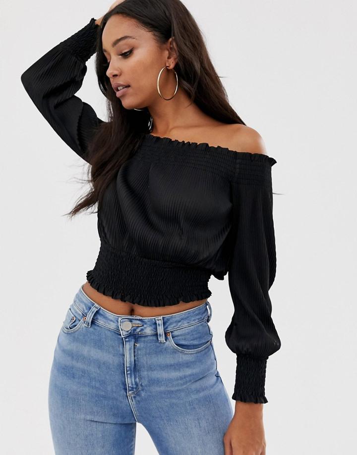 Asos Design Shirred Bardot Top In Plisse - Black