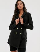 Asos Design Double Breasted Blazer With Military Buttons-black