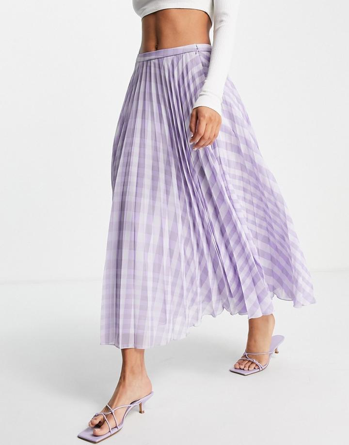 Asos Design Pleated Midi Skirt In Lilac Gingham Print-purple