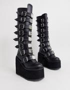 Demonia Swing Buckle Flatform Knee Boots In Black