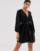 Asos Design Long Sleeve Plunge Mini Dress With Kimono Sleeve And Belt - Black