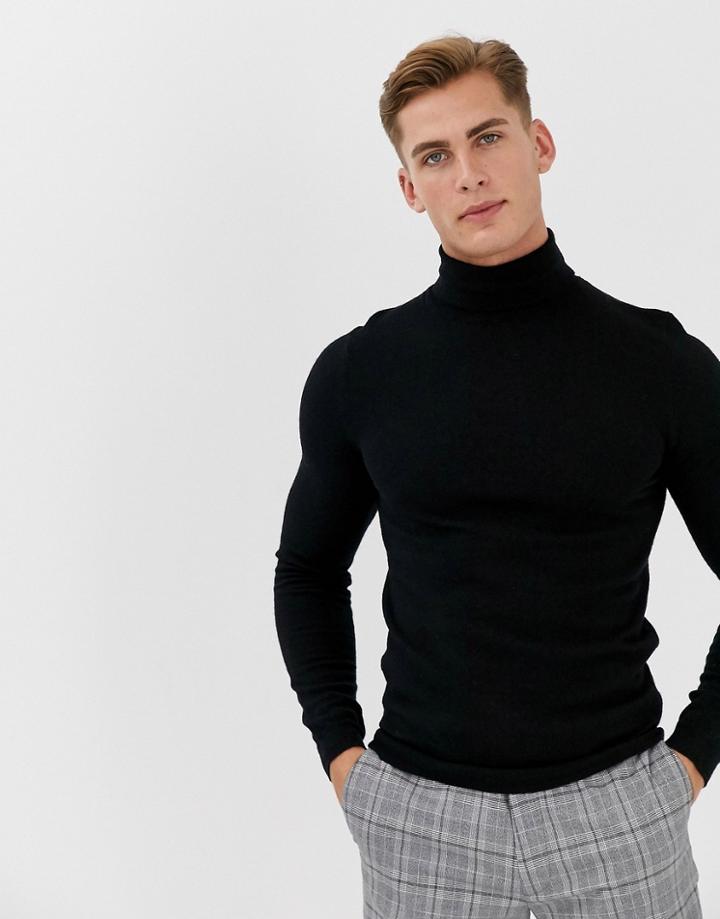 Asos Design Muscle Fit Merino Wool Roll Neck Sweater In Black - Black
