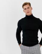 Asos Design Muscle Fit Merino Wool Roll Neck Sweater In Black - Black