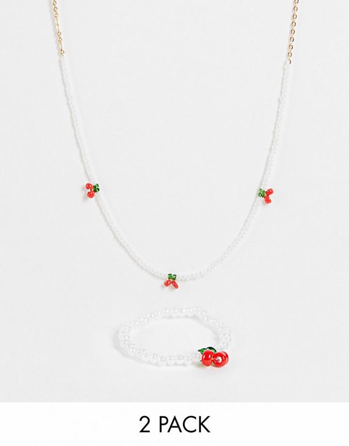 Monki Cherry Necklace And Ring Pack-white