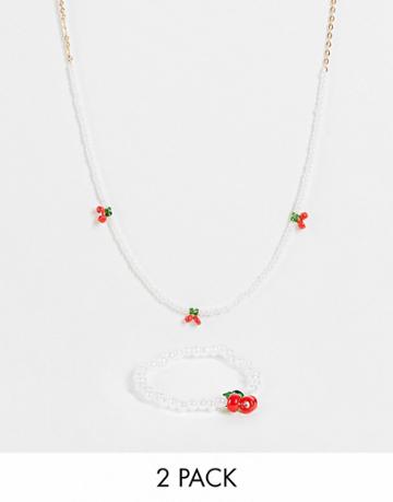 Monki Cherry Necklace And Ring Pack-white