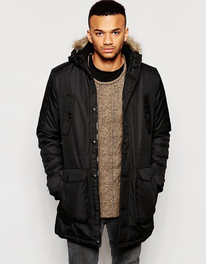 Jack & Jones Parka With Faux Fur Hood - Black