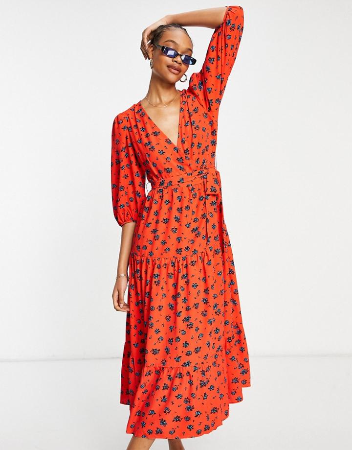 Glamorous Midi Tea Dress In Red Floral
