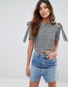 Daisy Street Gingham Crop Top With Cold Shoulder Tie Sleeve - Black