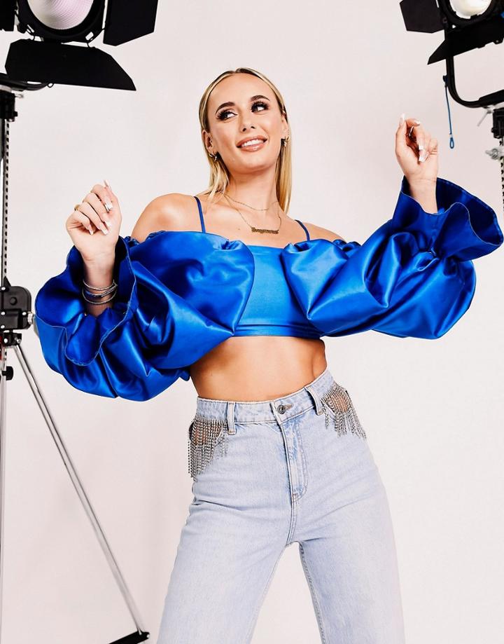 Asos Luxe Drama Sleeve Structured Satin Top In Electric Blue-blues
