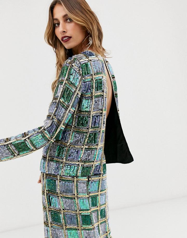 Asos Edition Open Back Top In Sequin Check-multi