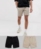 Asos Design 2 Pack Slim Chino Shorts In Beige & Black Save-multi