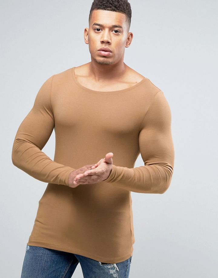 Asos Extreme Muscle Long Sleeve T-shirt With Boat Neck - Brown