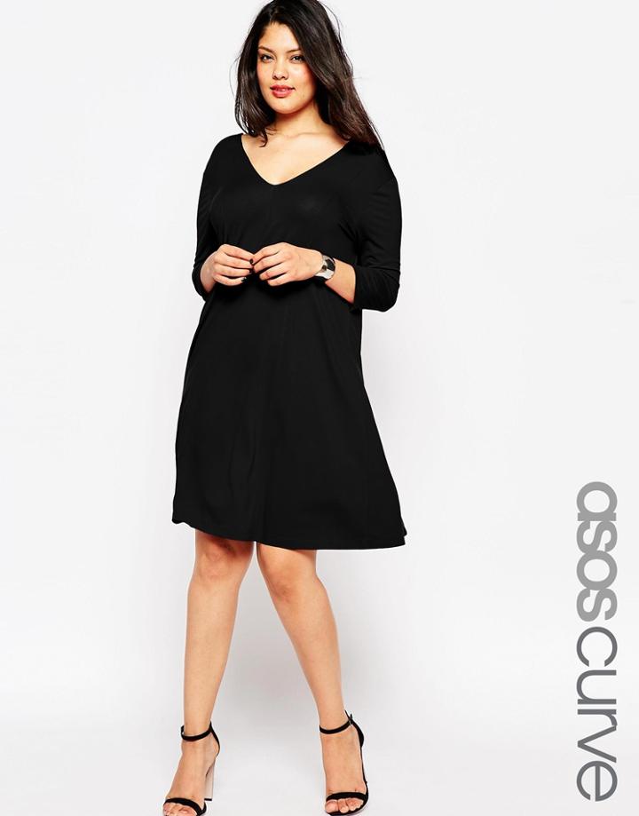 Asos Curve V-front V-back Swing Dress With Three Quarter Length Sleeves - Black