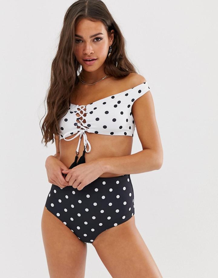 New Look Tie Up Bikini Top In Polka Dot-multi