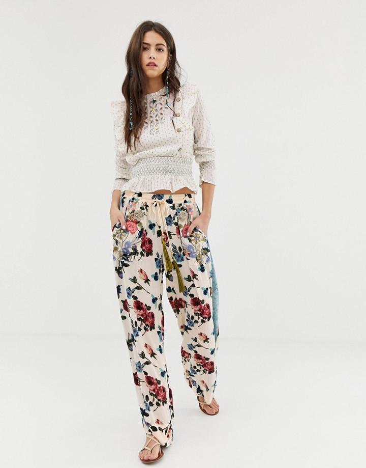 Aratta Relaxed Floral Pants With Velvet Side Strips - White