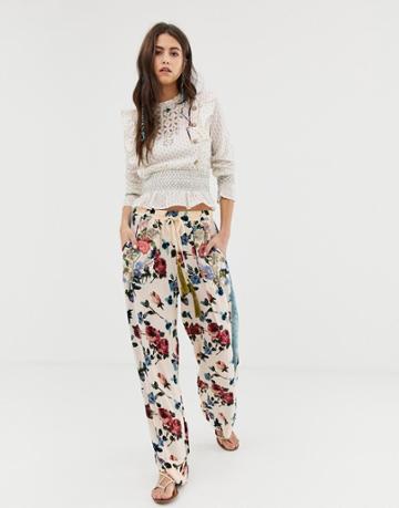 Aratta Relaxed Floral Pants With Velvet Side Strips - White