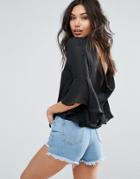 Love & Other Things Frill Sleeve Top With Open Back - Black