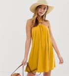 Asos Design Petite Mini Halter Swing Dress With Faux Tortoiseshell Ring Detail - Yellow
