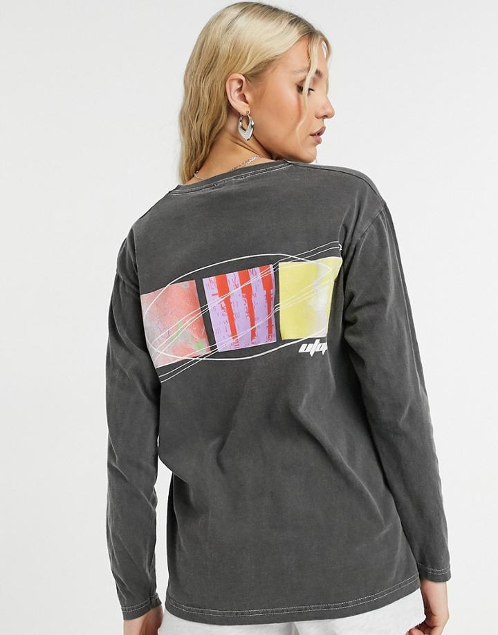 Topshop 'utopia' Long-sleeved Skater T-shirt In Charcoal-grey