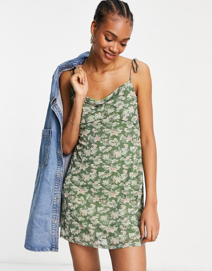 Fashion Union Cami Mini Dress With Cowl Neck In Floral Mesh-green