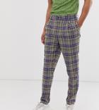 Asos Design Tall Tapered Crop Smart Pants In Gray And Blue Check With Metalwork
