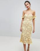 Jarlo All Over Cutwork Lace Bardot Midi Dress With Tie Sleeve Detail - Yellow