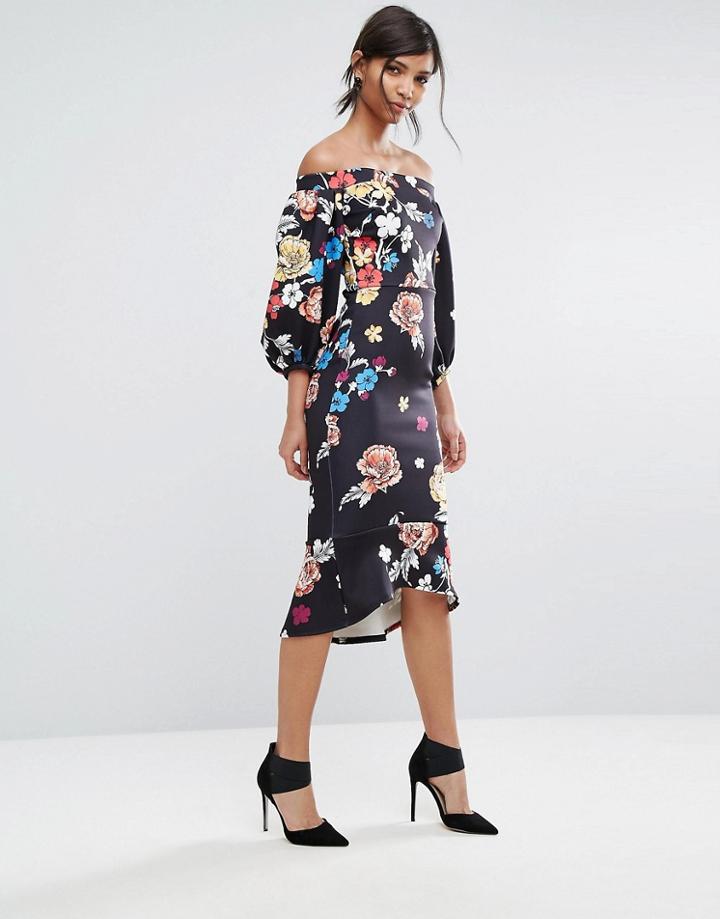 True Violet Balloon Sleeve Bodycon Dress With Fishtail - Multi