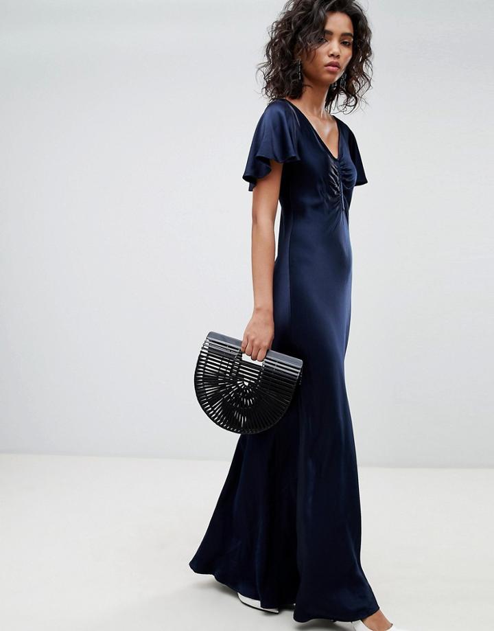 Ghost Fluted Capped Sleeve Satin Maxi Dress With Ruched Detail - Blue