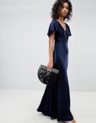 Ghost Fluted Capped Sleeve Satin Maxi Dress With Ruched Detail - Blue
