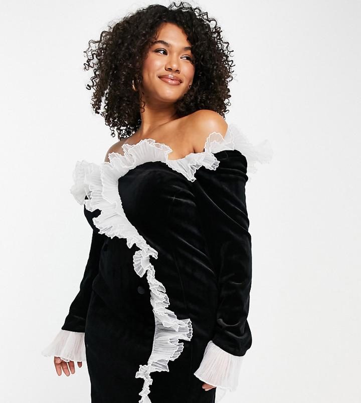 Asos Luxe Curve Bonded Velvet Tux Dress With Ruffle Detail In Black
