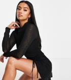Topshop Petite Mesh Mini Dress With Ruched Side And Lettuce Hem In Black