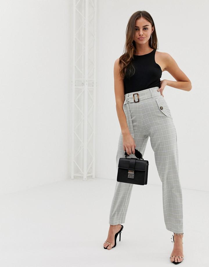 Prettylittlething Straight Leg Pants With Buckle Belt In Gray Check - Black