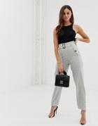 Prettylittlething Straight Leg Pants With Buckle Belt In Gray Check - Black