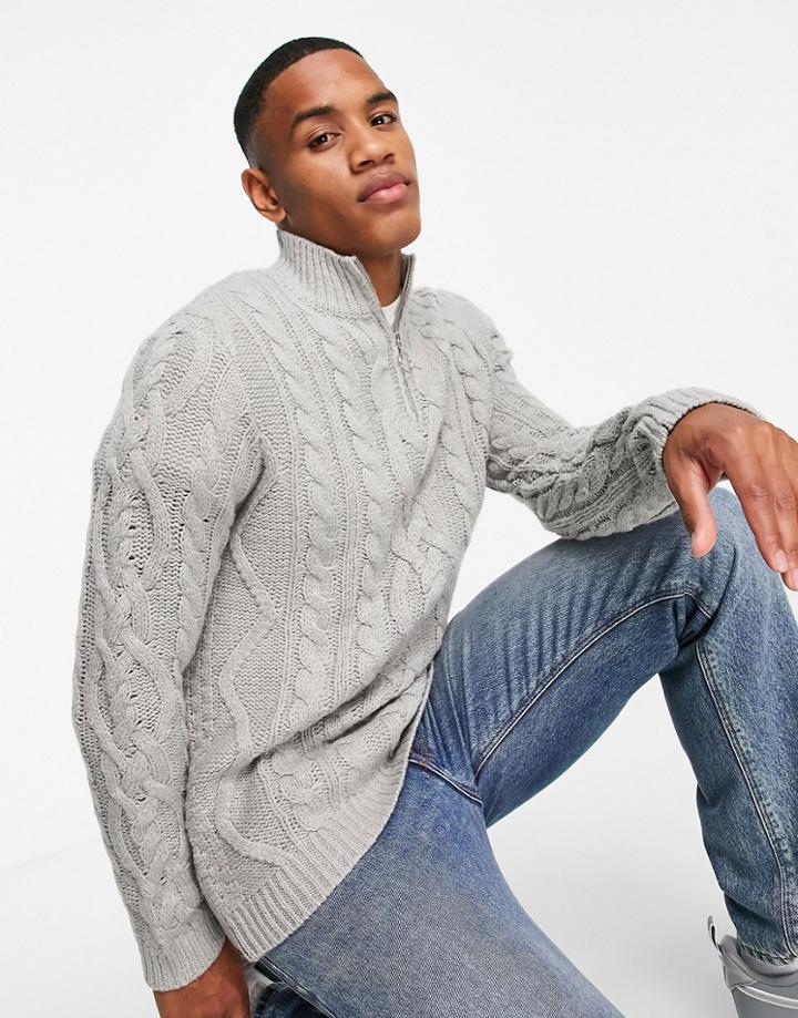Asos Design Heavyweight Cable Knit Half Zip Sweater In Gray-grey