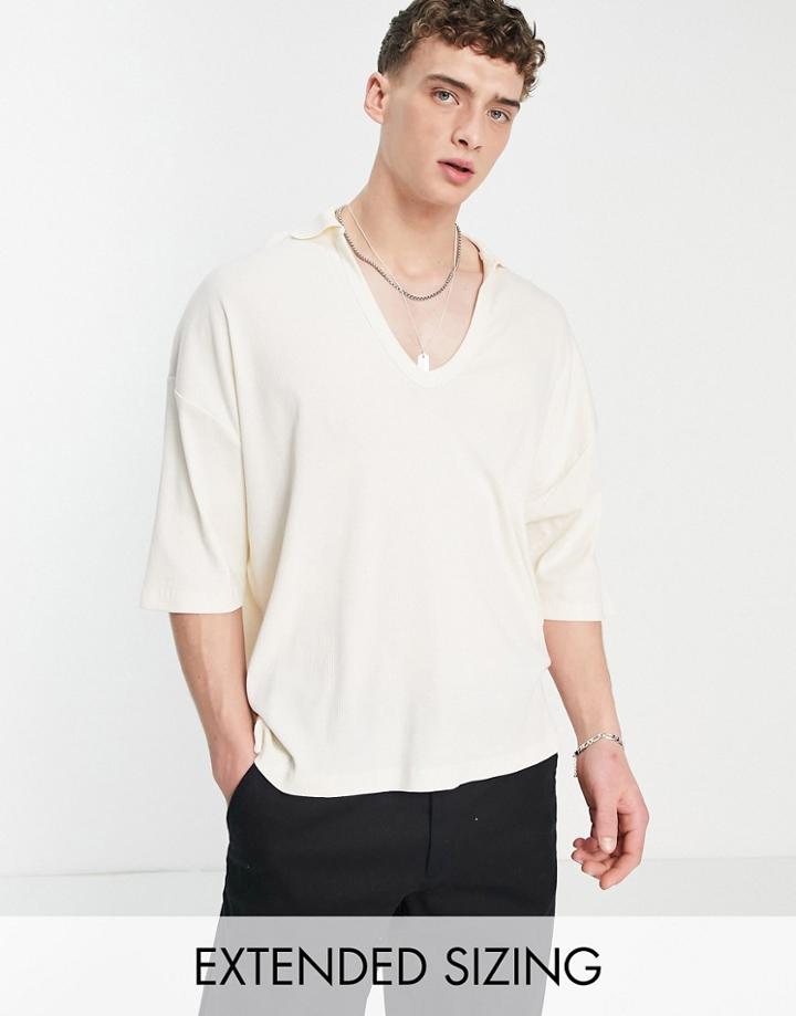 Asos Design Oversized Rib Polo With Revere In Cream-white