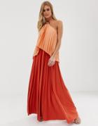 Asos Design Ring Detail Crop Top Pleat Maxi In Satin Shine - Orange