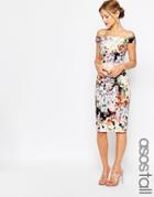 Asos Tall Wedding Bardot Navy Floral Off Shoulder Pencil Dress - Floral