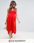 Asos Maternity Button Through Midi Sun Dress With Dipped Hem - Red