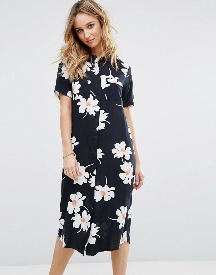 Vila Floral Print Midi Shirt Dress - Black