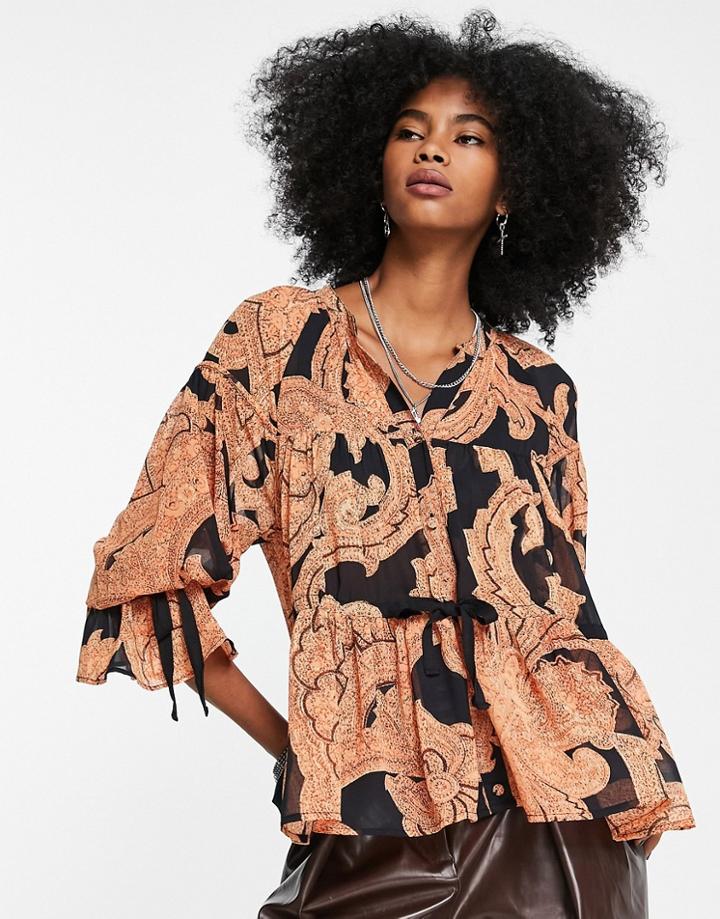 Asos Design Sheer Blouse With Tie Detail In Black & Orange Paisley Print-multi