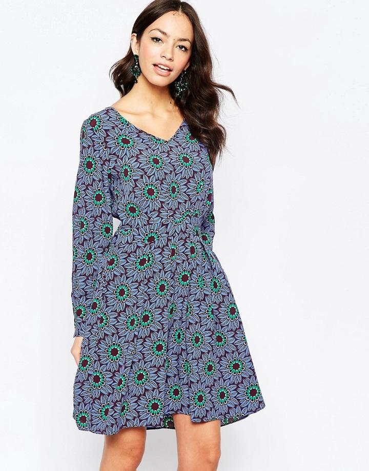 Closet Long Sleeve Dress In Floral Print - Purple