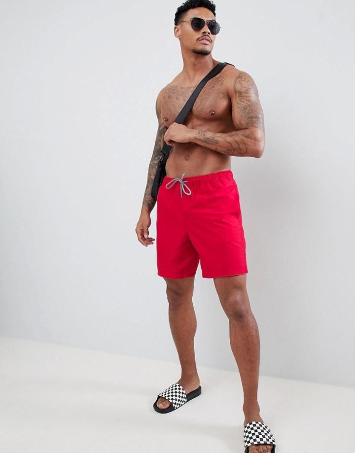 Asos Design Swim Shorts In Red With Black & White Drawcords Mid Length - Red