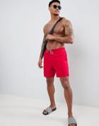 Asos Design Swim Shorts In Red With Black & White Drawcords Mid Length - Red