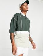 Asos Design Oversized Polo Shirt With Cut And Sew Panel In Green