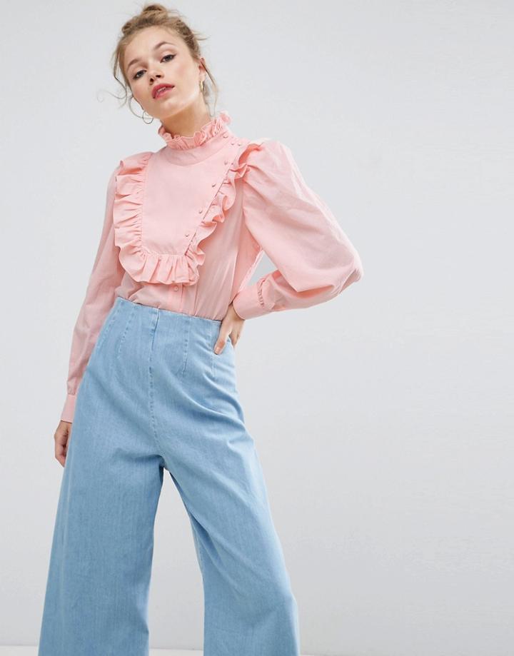 Asos Shirt With Ruffle Bib - Pink