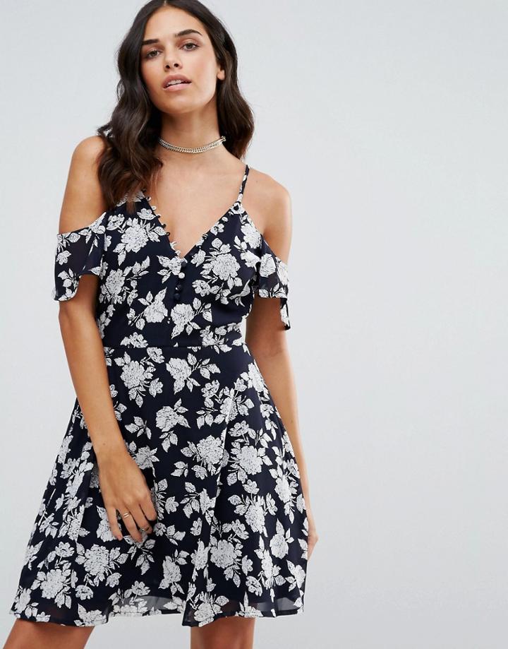 Influence Floral Cold Shoulder Tea Dress - Black
