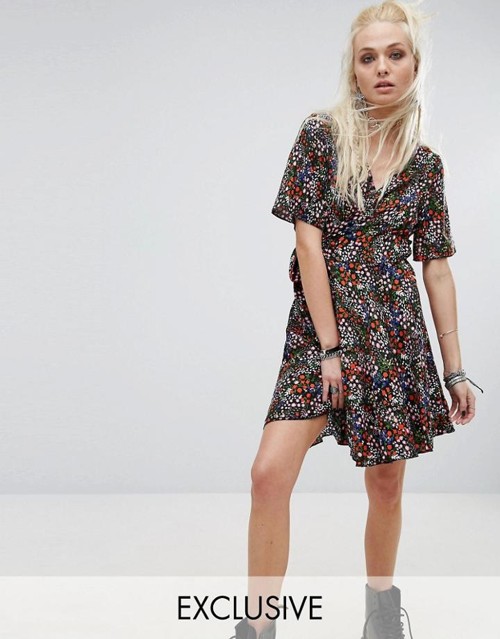 Milk It Vintage Wrap Dress In Ditsy Multicoloured Floral - Multi