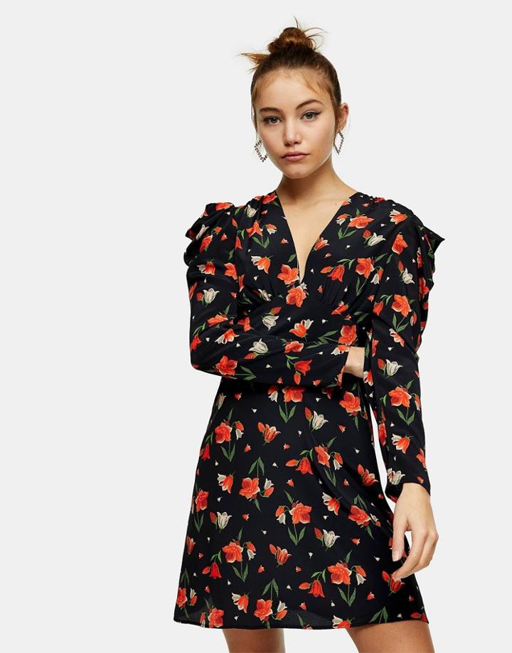 Topshop Ruched Waist Mini Dress In Tulip Print-multi